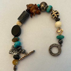 Bracelet, Silver, Turquoise, Metal Beads, Wood Carving, Shell, Glass materials
